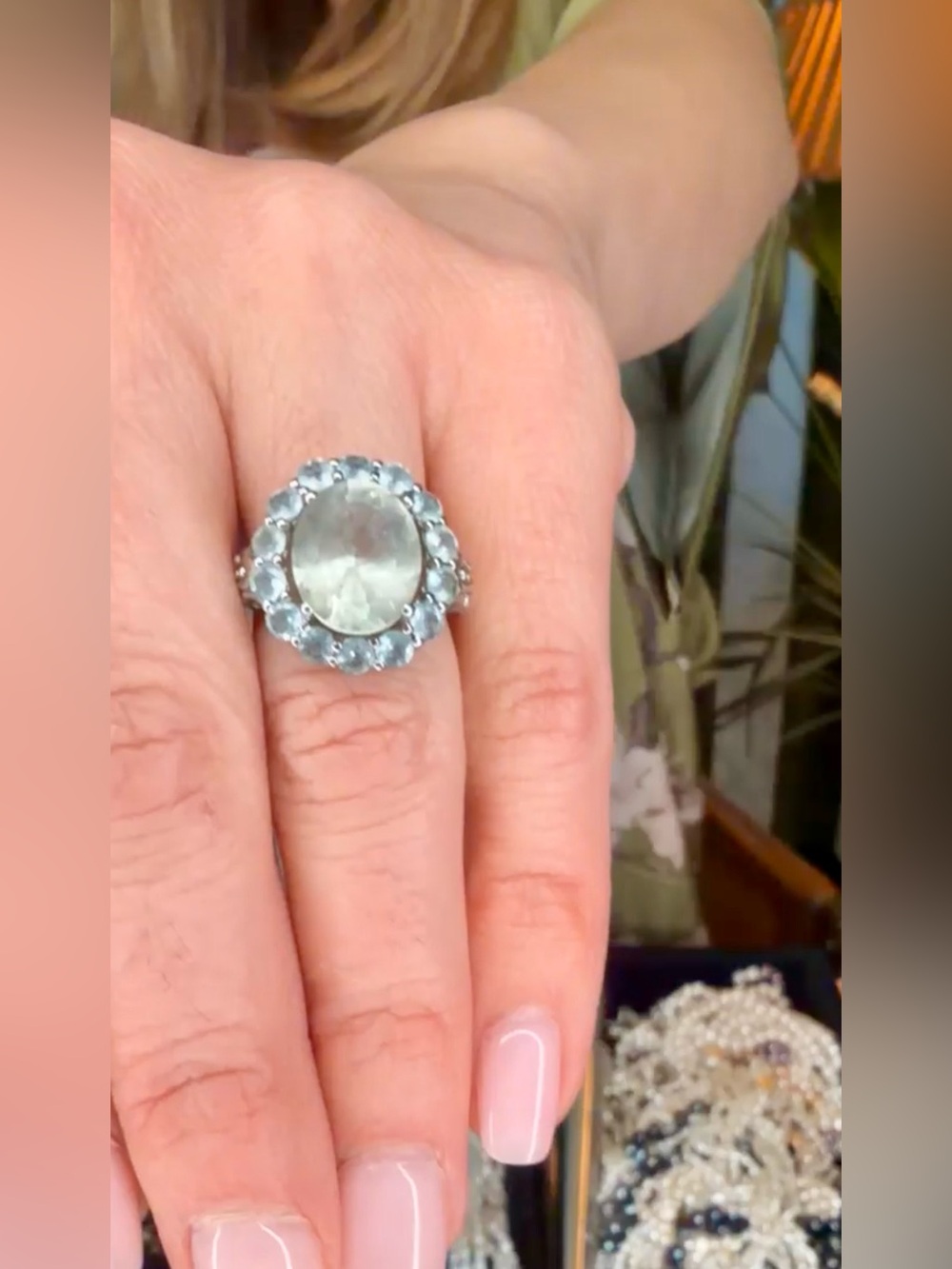 925 Sterling Silver Aquamarine Floral Halo Cocktail Ring Sz 6
